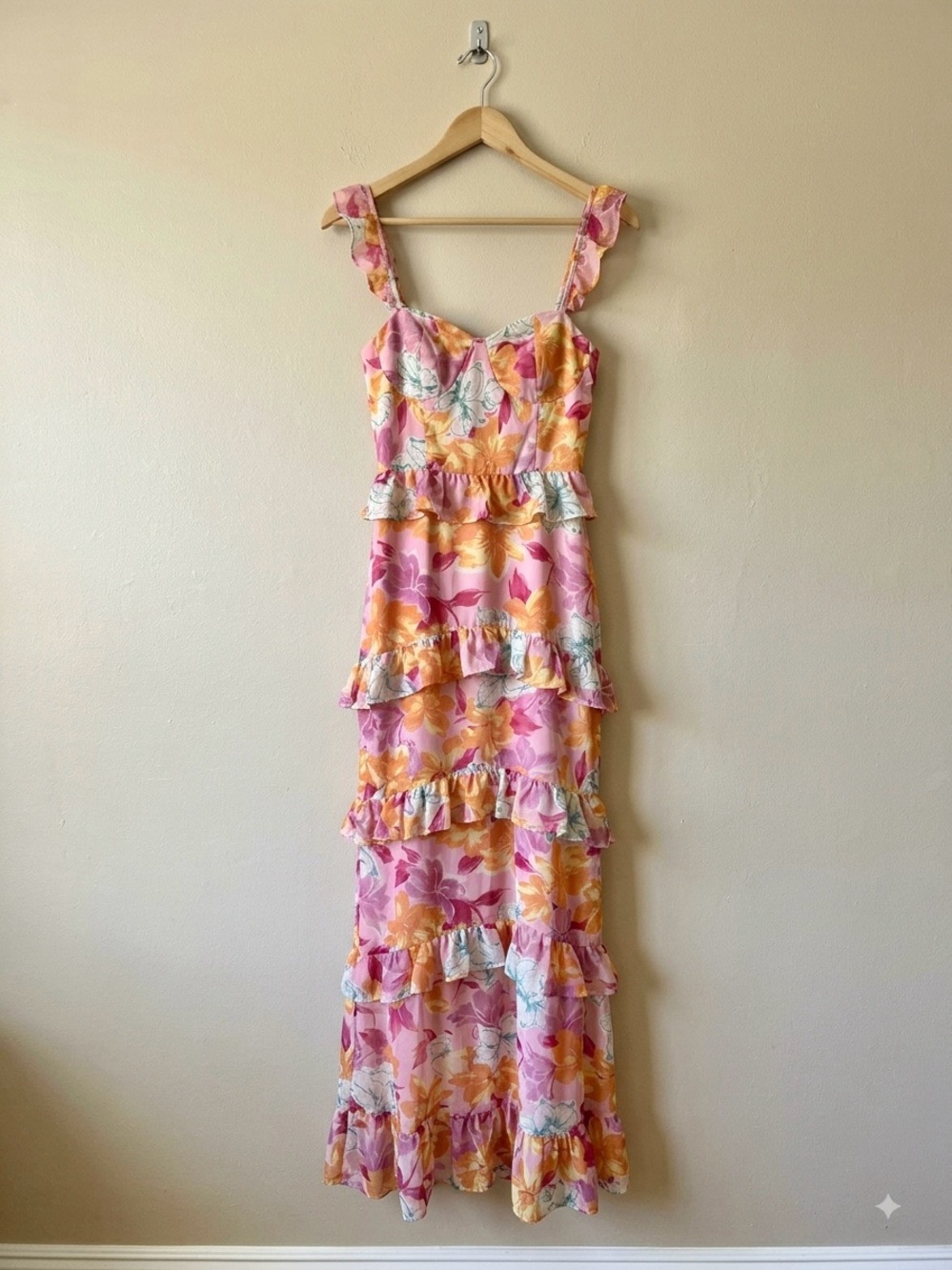WAYF Pink Floral Ruffled Maxi Dress